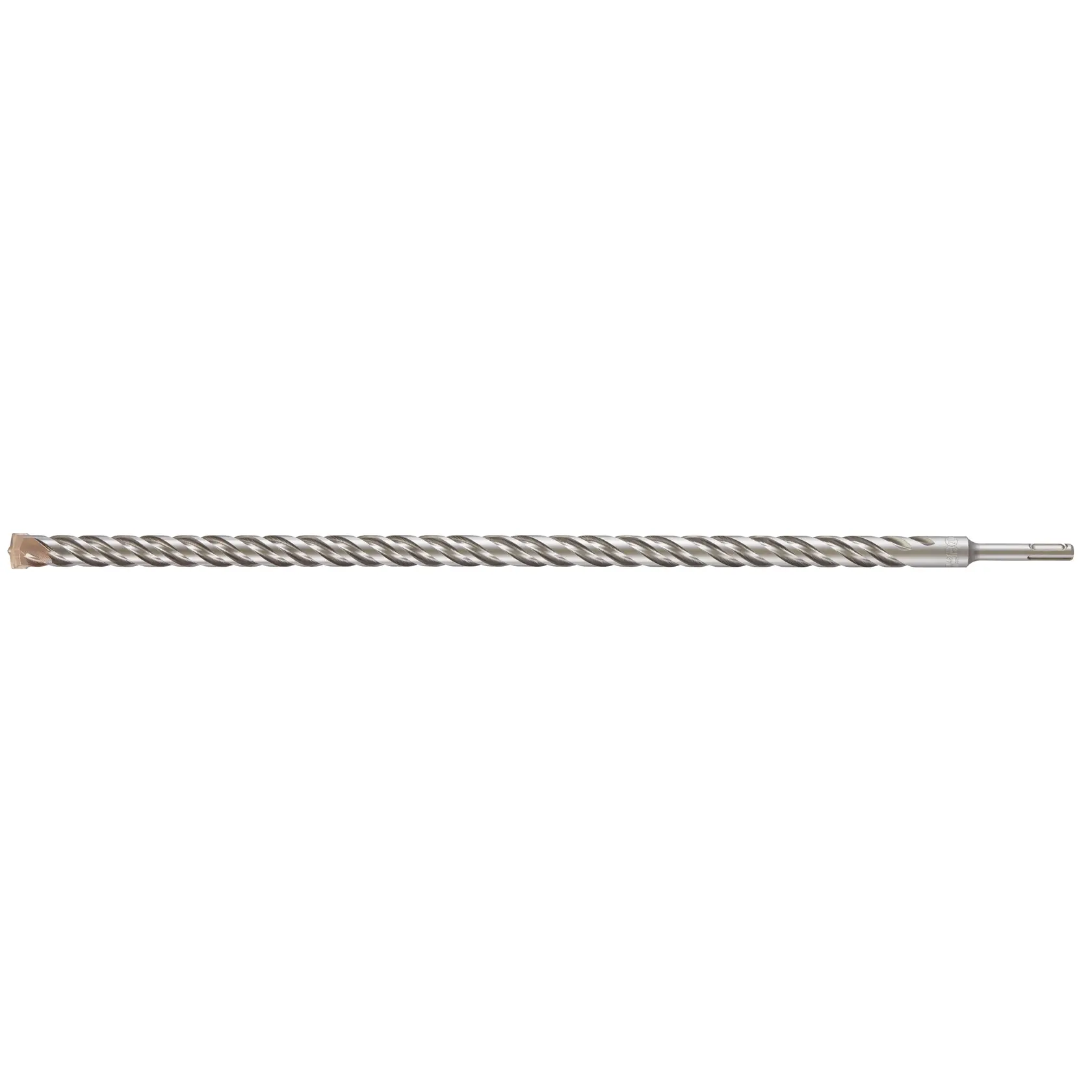 Photo of DEWALT DT9600 long silver masonry drill bit with spiral design, side angle, on white background.