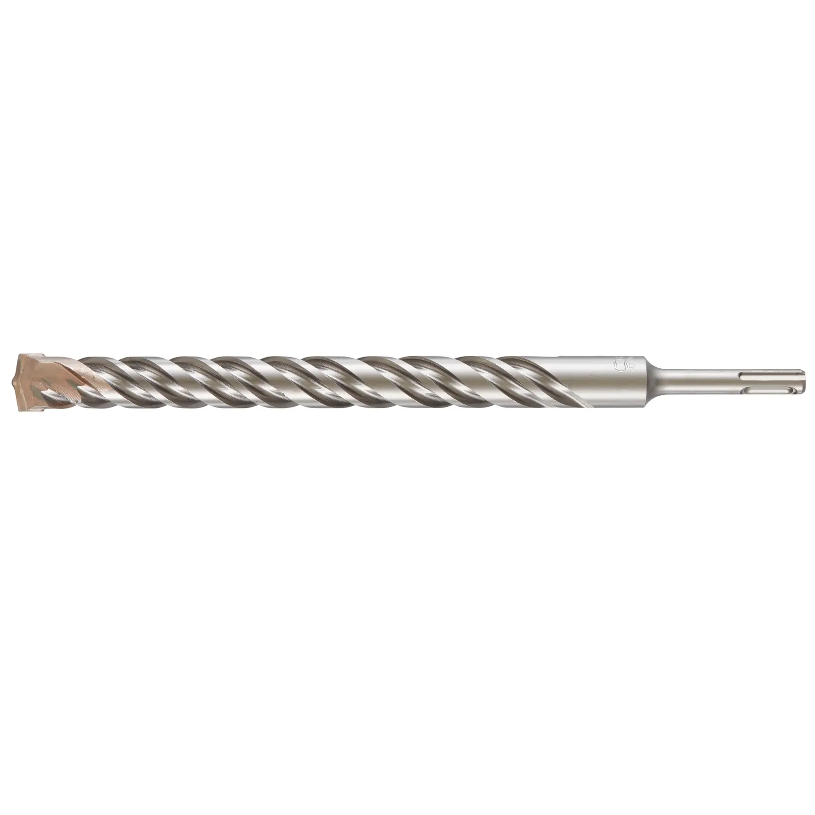 Photo of DEWALT DT9603 SDS-Plus rotary hammer drill bit, silver with spiral flute, side angle on white background.