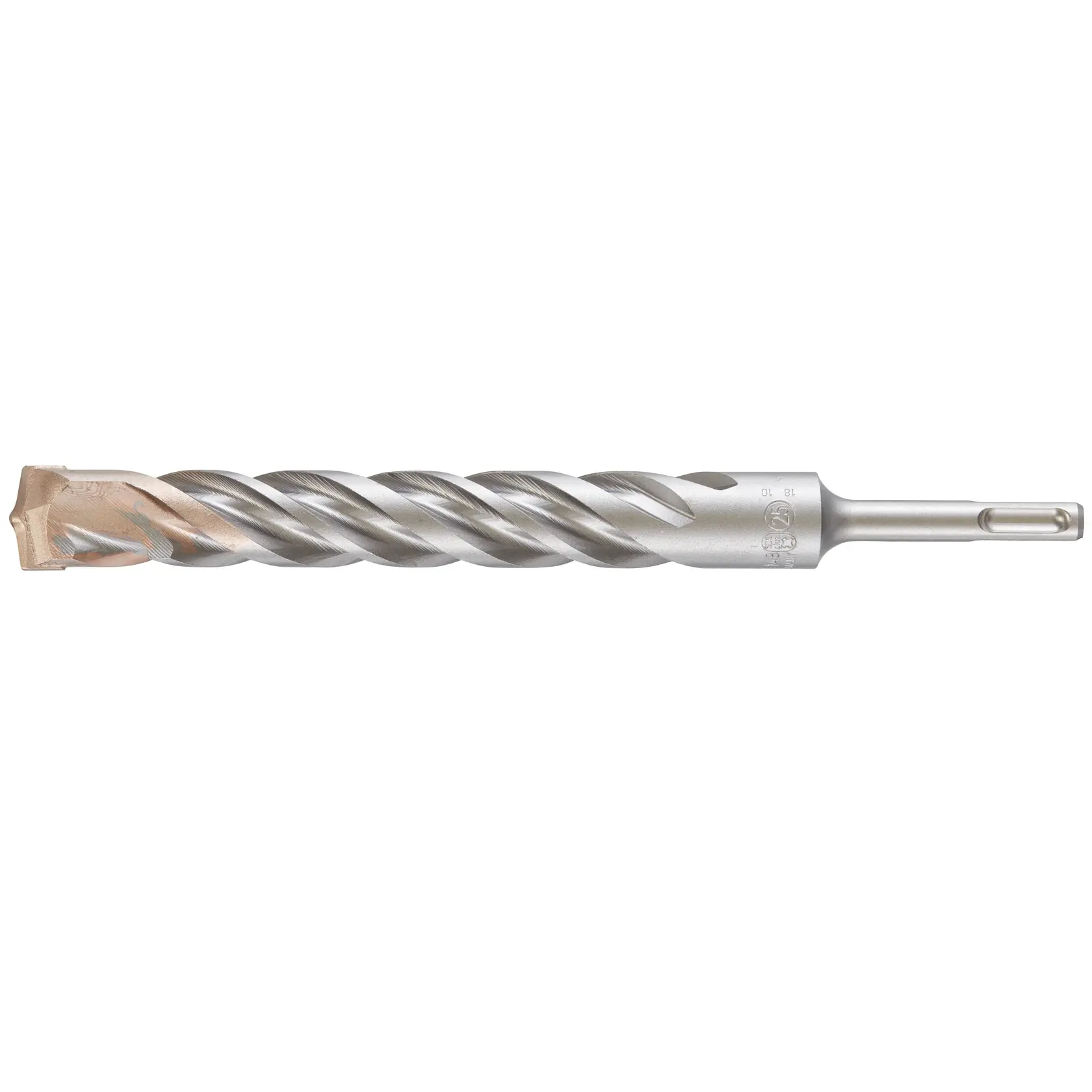 Photo of DEWALT DT9611 masonry drill bit, silver with spiral flutes, side angle, product category: Photography.