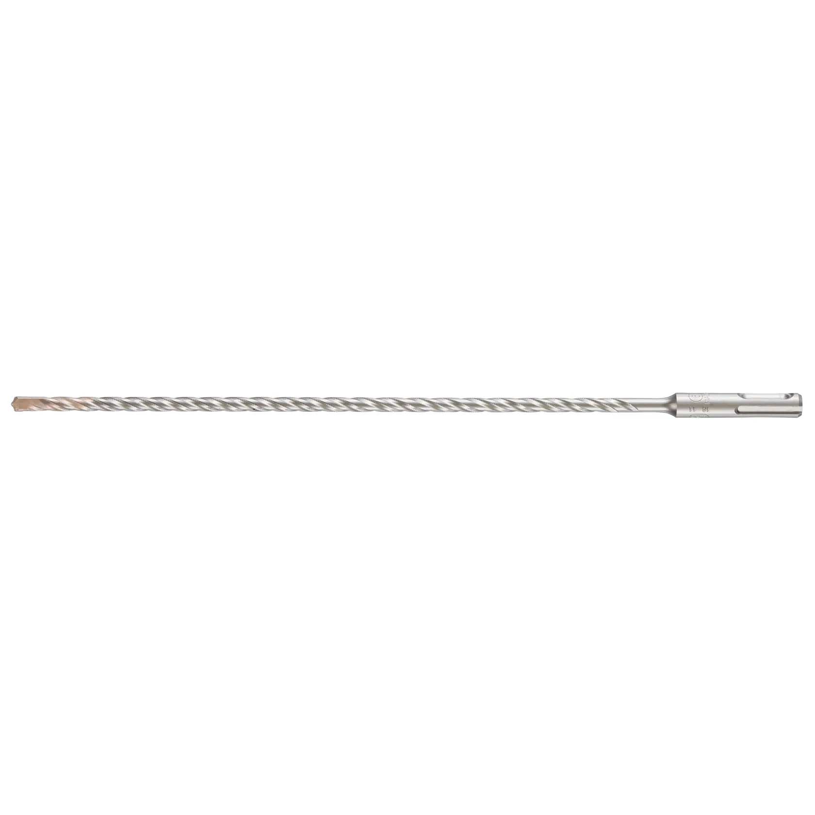 Photo of DEWALT DT9621 long silver masonry drill bit, spiral design, side angle, on white background.