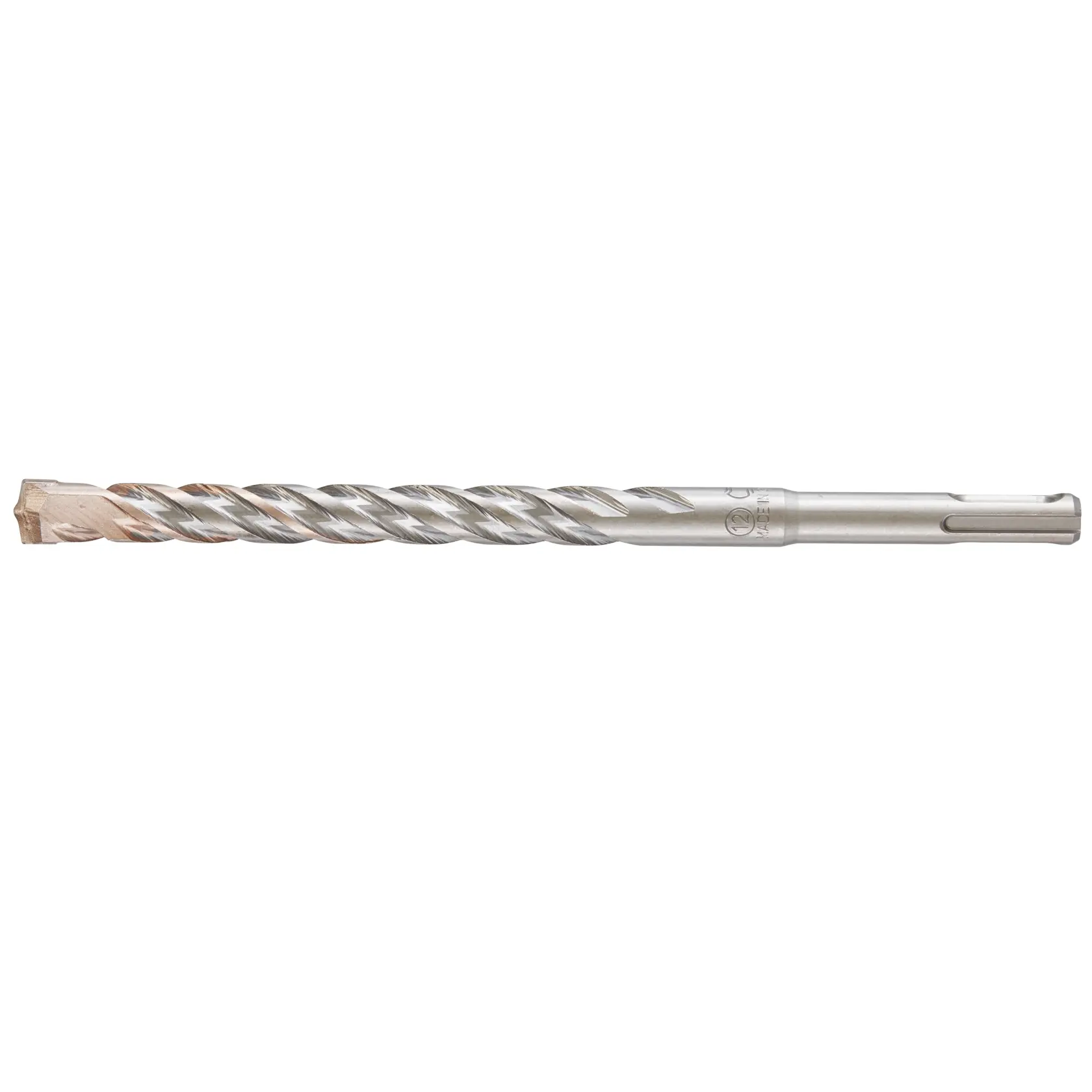 Silver DEWALT SDS masonry drill bit with spiral flutes for use with rotary hammer drills, shown on white background.