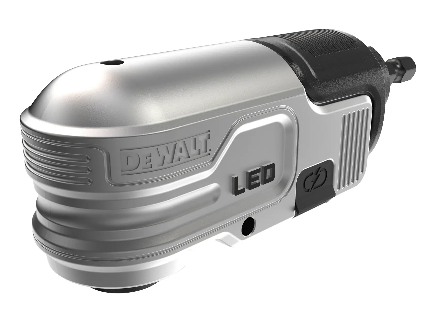 DEWALT LED right angle attachment for drill, silver and black design with visible branding and power symbol.