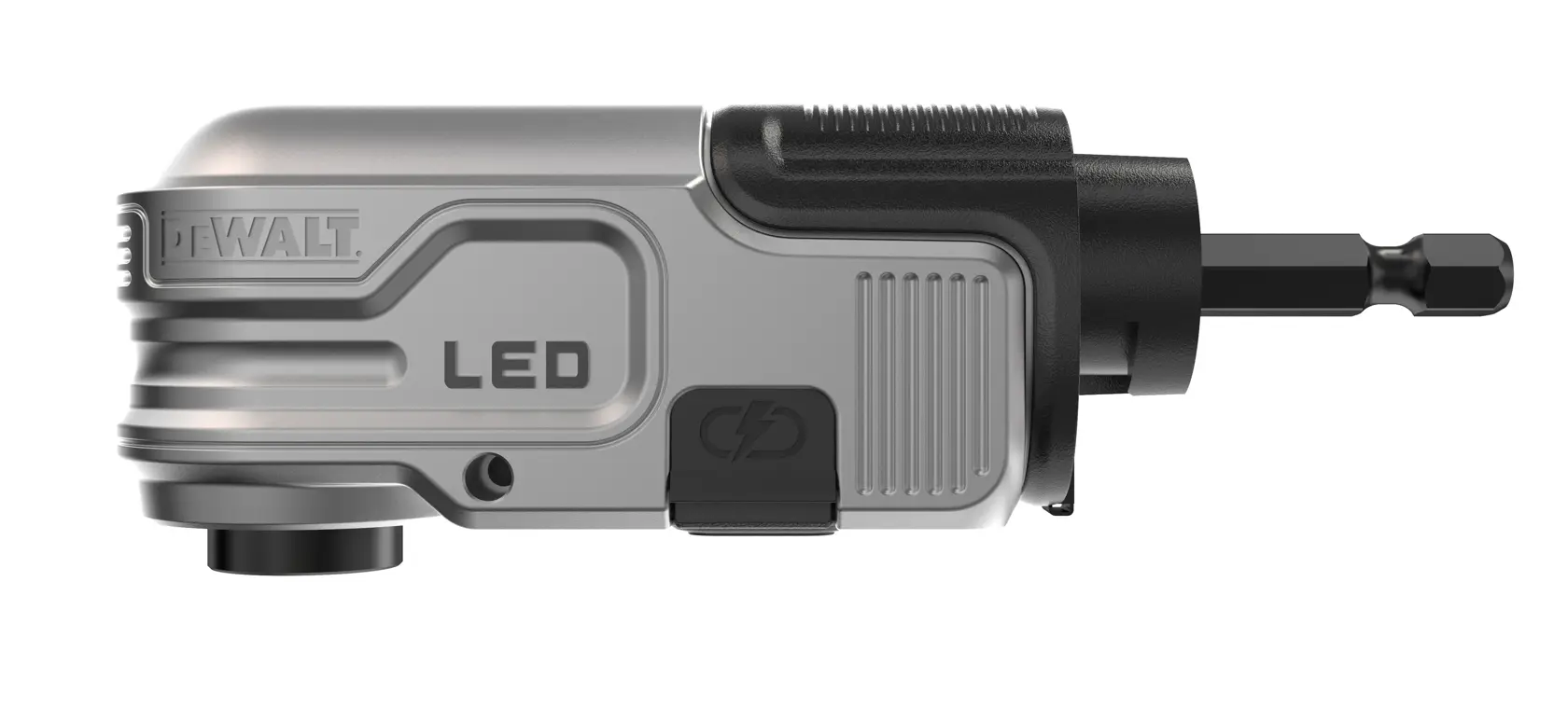 DEWALT LED Winkelbohraufsatz mit Metallgehäuse und Bit-Halter, auf weißem Hintergrund fotografiert.