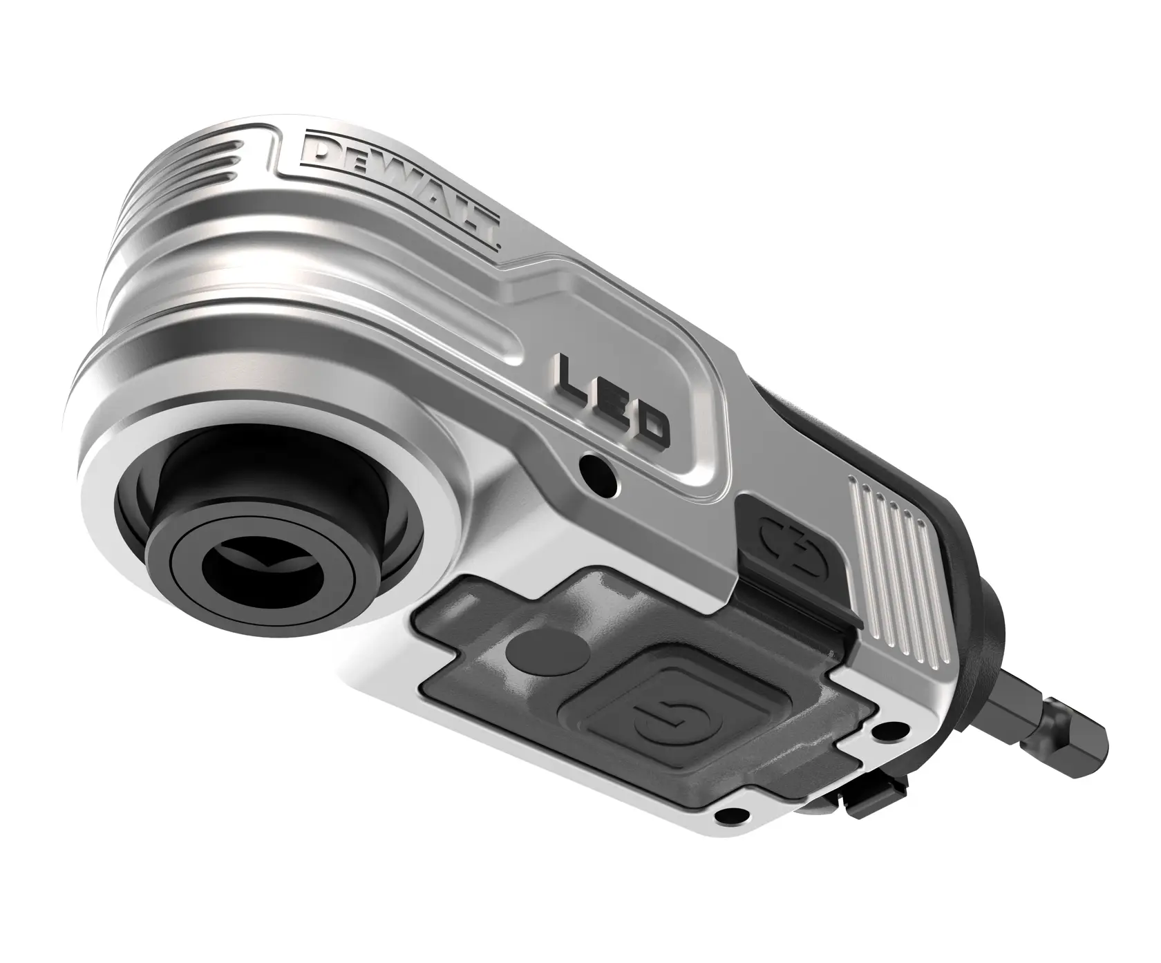 Nahaufnahme eines DEWALT LED-Werkzeugs mit silber-schwarzem Design, Knopf und Bithalter sichtbar.