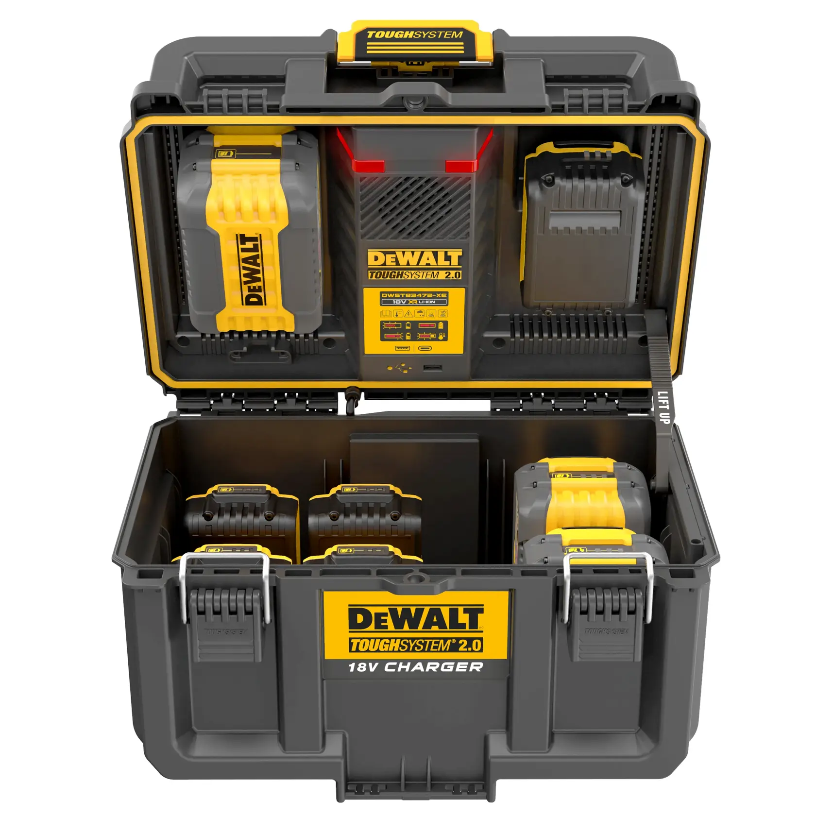 DEWALT ToughSystem 2.0 battery charger case with multiple battery slots and yellow-black design.