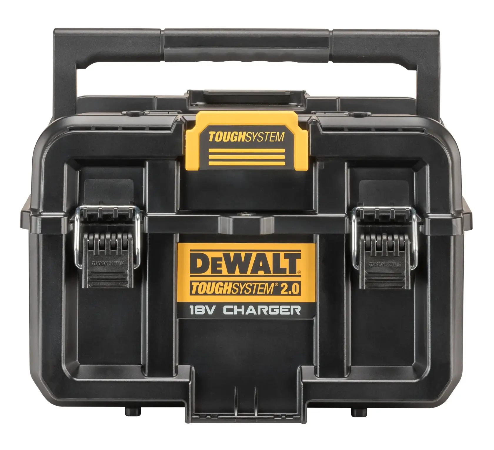 DEWALT ToughSystem 2.0 schwarzer Werkzeugkasten mit 18V Ladegerät und stabilem Griff.